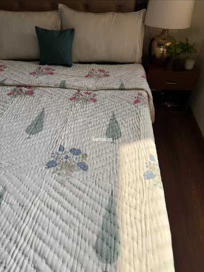 Pink Blue Ashoka Handblock Reversible Mulmul Cotton Quilt