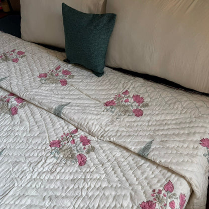 Pink Blue Ashoka Handblock Reversible Mulmul Cotton Quilt
