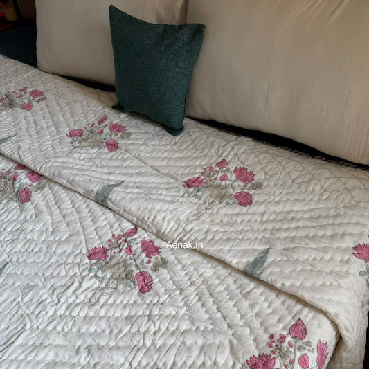 Pink Blue Ashoka Handblock Reversible Mulmul Cotton Quilt
