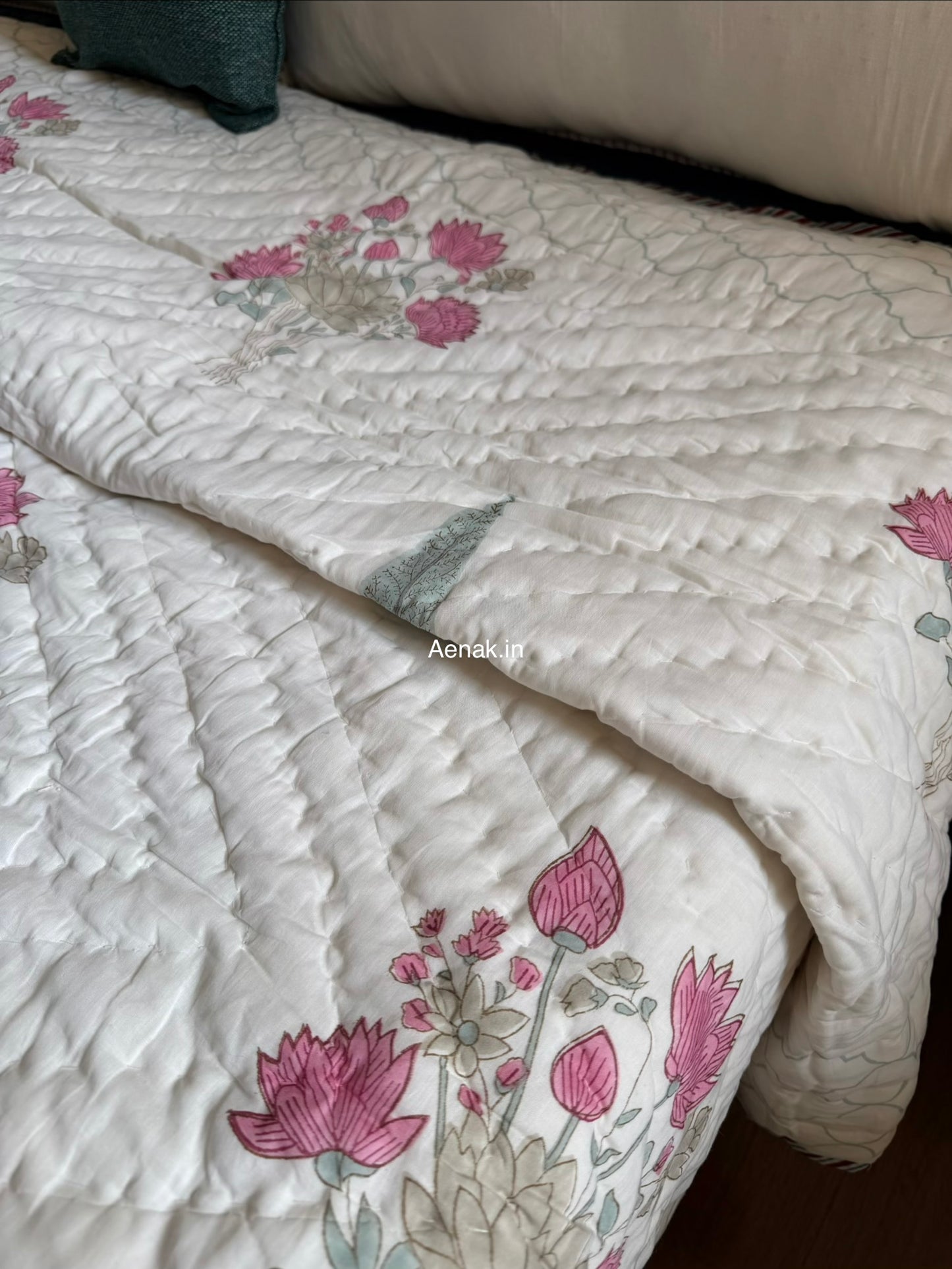Pink Blue Ashoka Handblock Reversible Mulmul Cotton Quilt