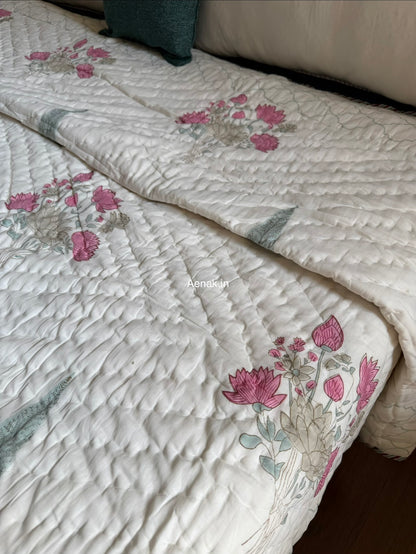 Pink Blue Ashoka Handblock Reversible Mulmul Cotton Quilt