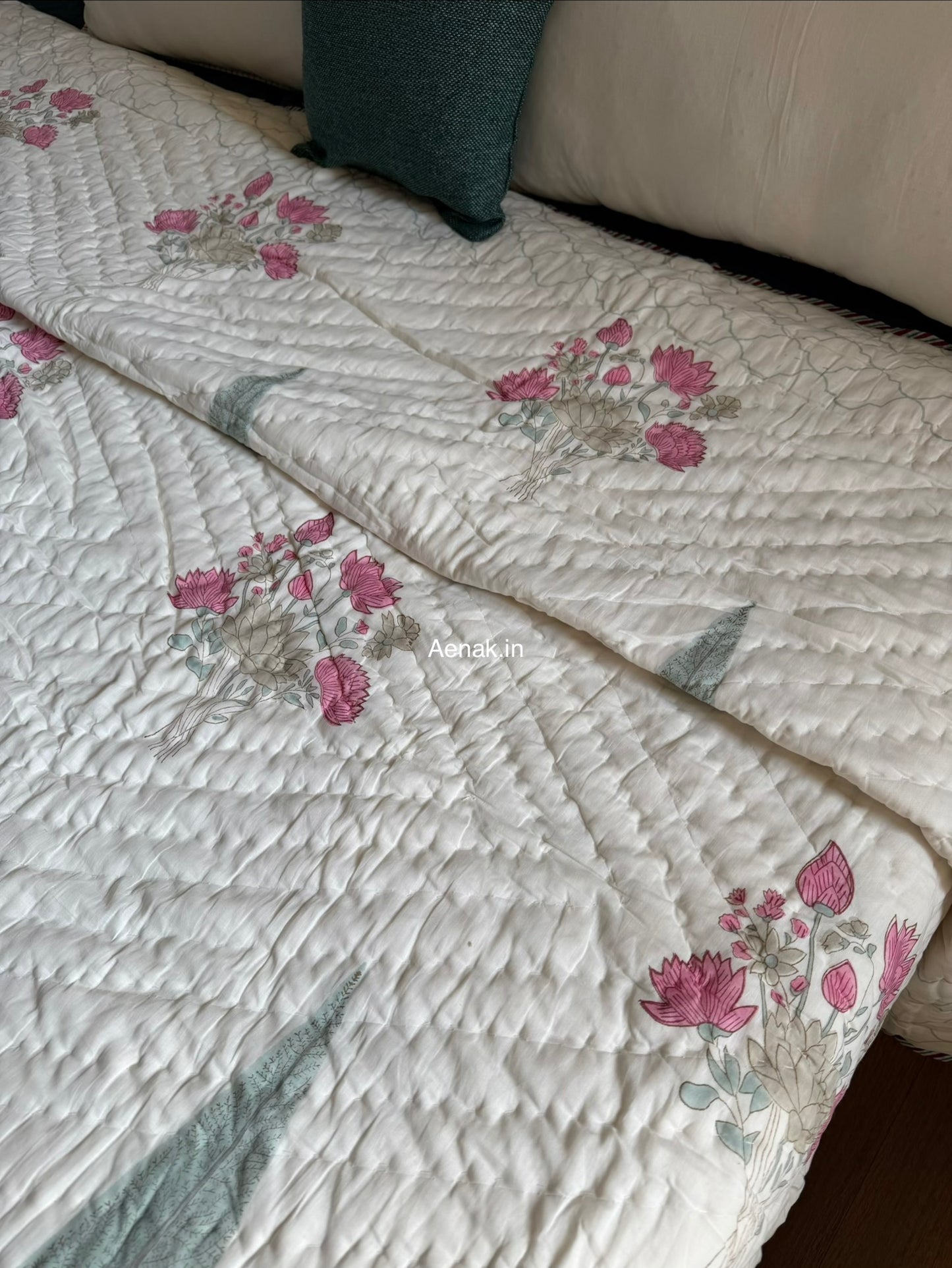 Pink Blue Ashoka Handblock Reversible Mulmul Cotton Quilt