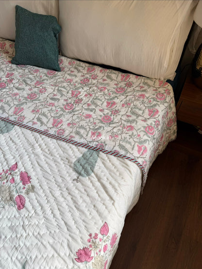 Pink Blue Ashoka Handblock Reversible Mulmul Cotton Quilt