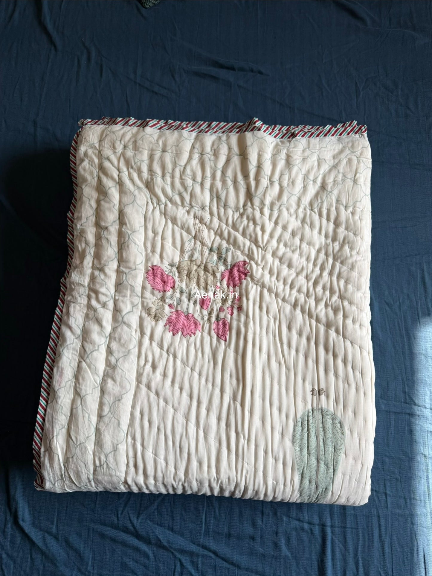 Pink Blue Ashoka Handblock Reversible Mulmul Cotton Quilt
