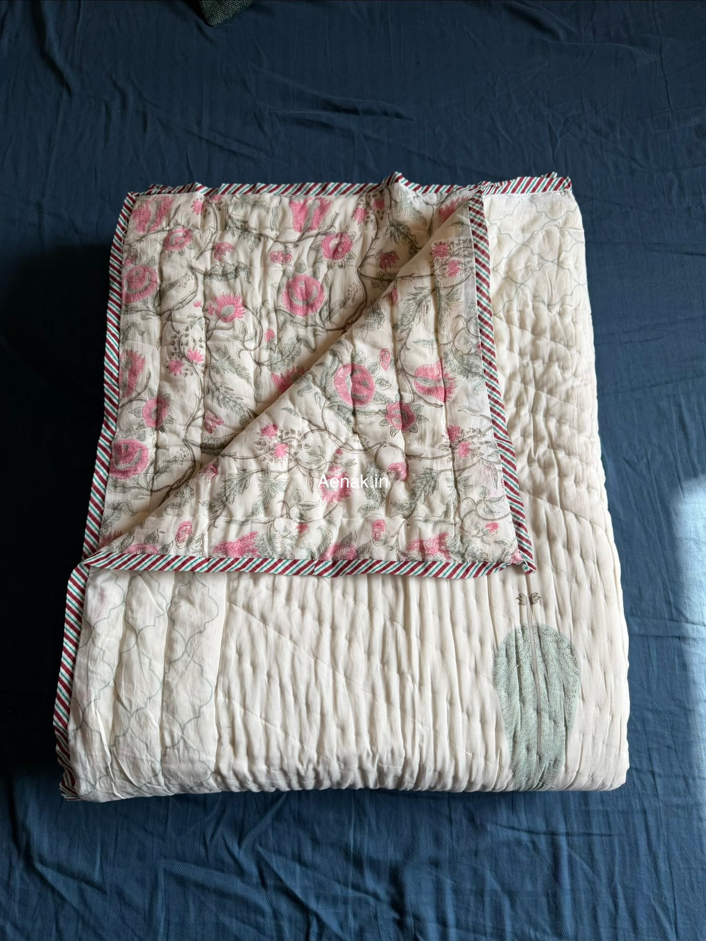 Pink Blue Ashoka Handblock Reversible Mulmul Cotton Quilt