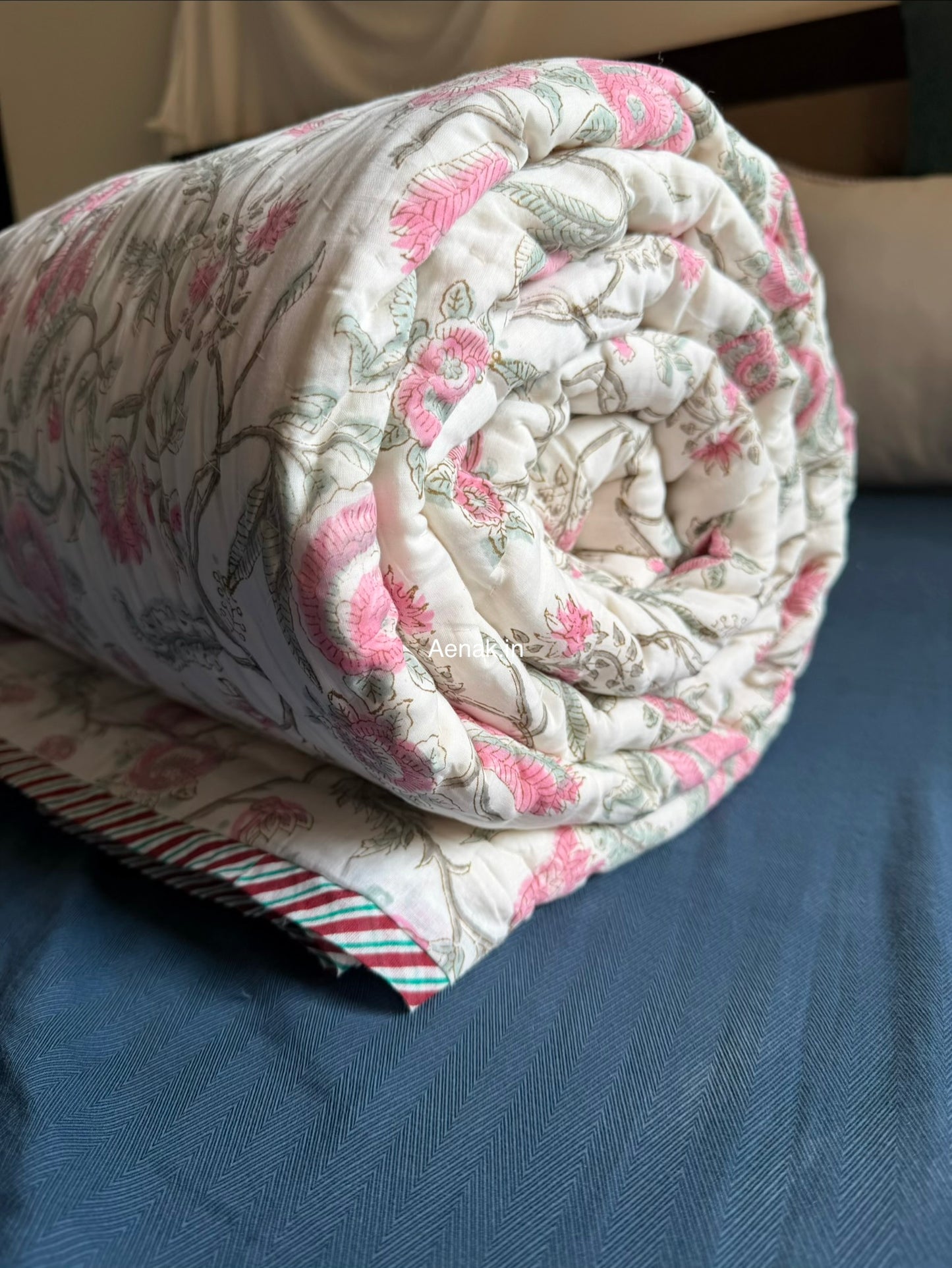 Pink Blue Ashoka Handblock Reversible Mulmul Cotton Quilt