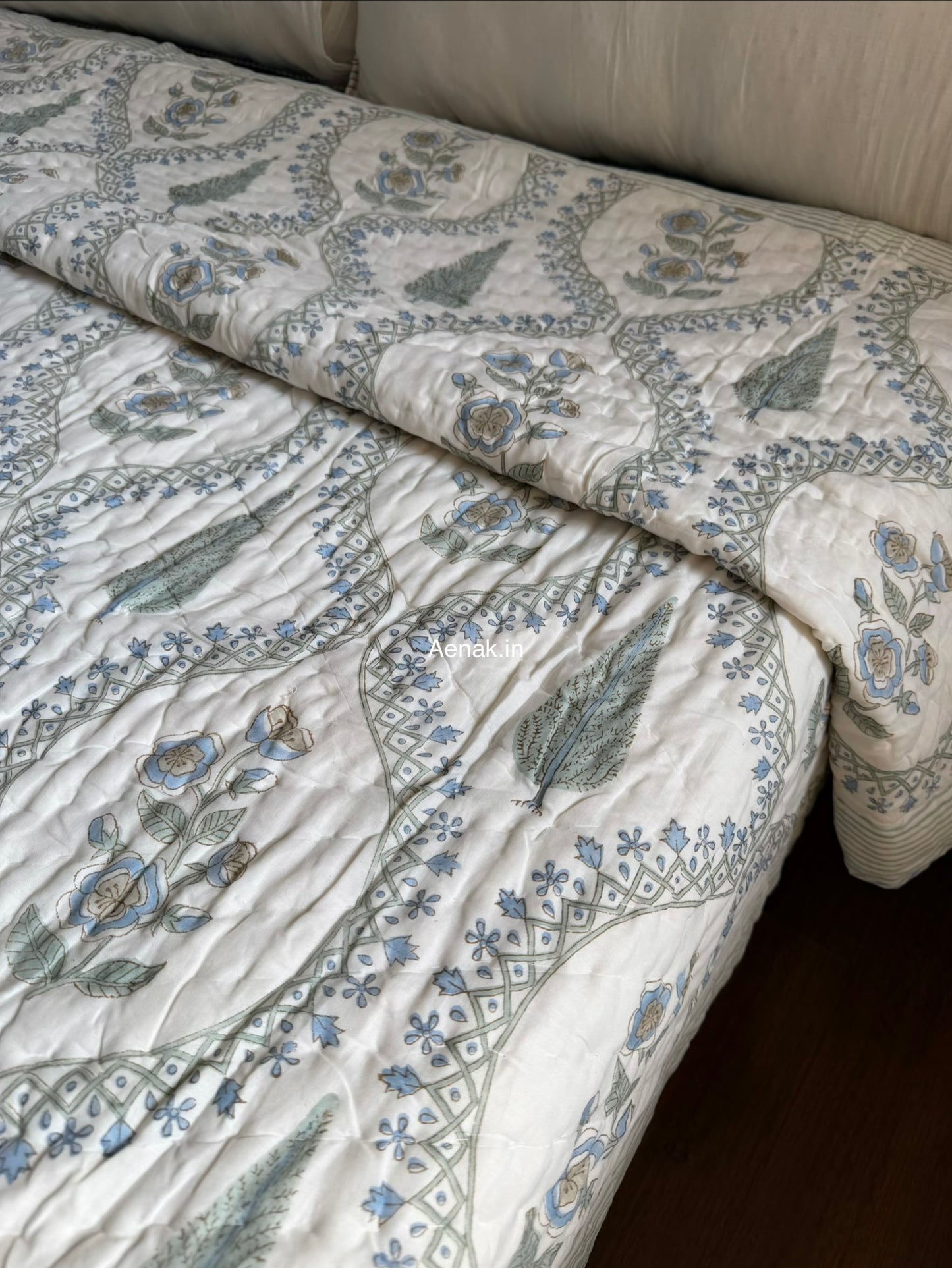 Blue Periwinkle Jaal Handblock Reversible Mulmul Cotton Quilt