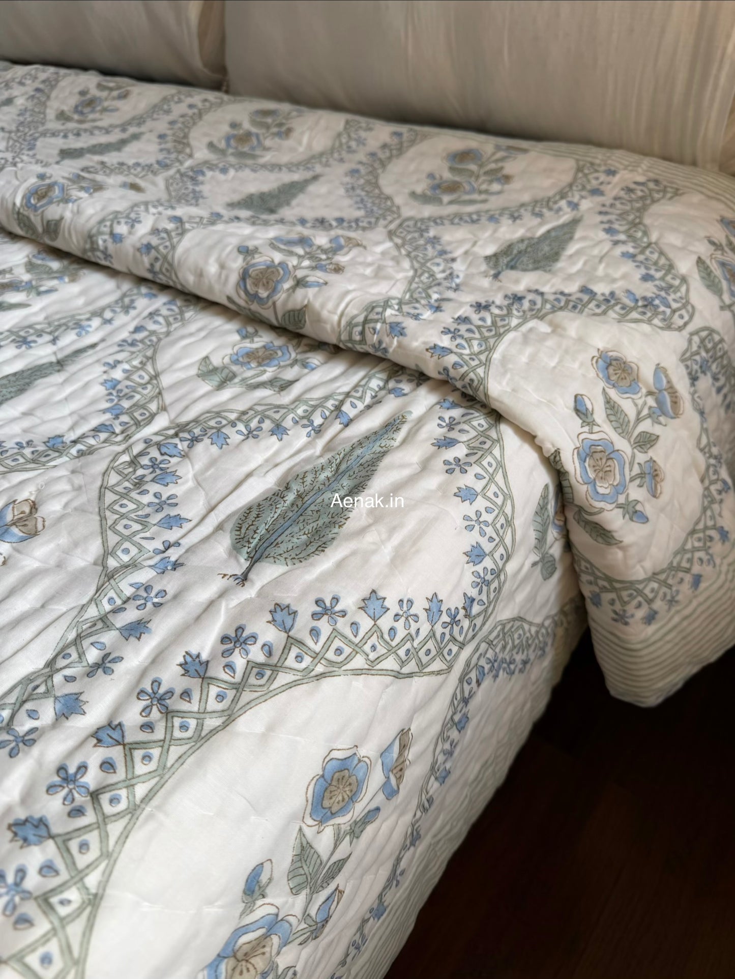 Blue Periwinkle Jaal Handblock Reversible Mulmul Cotton Quilt