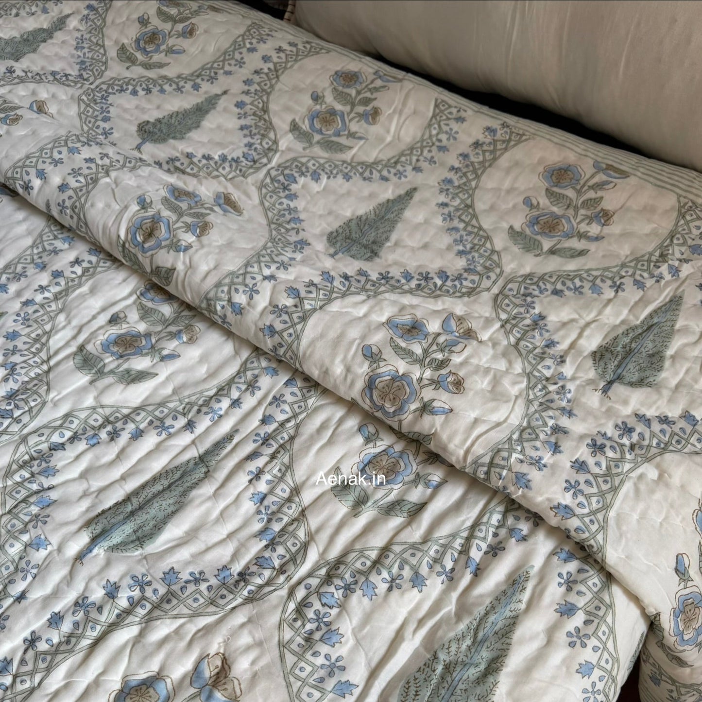 Blue Periwinkle Jaal Handblock Reversible Mulmul Cotton Quilt