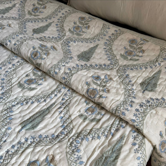 Blue Periwinkle Jaal Handblock Reversible Mulmul Cotton Quilt