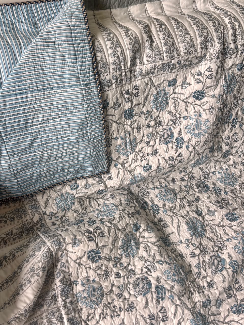 Blue Floral Jaal Handblock Printed Reversible Quilted Cotton Bedcover Set-106x108