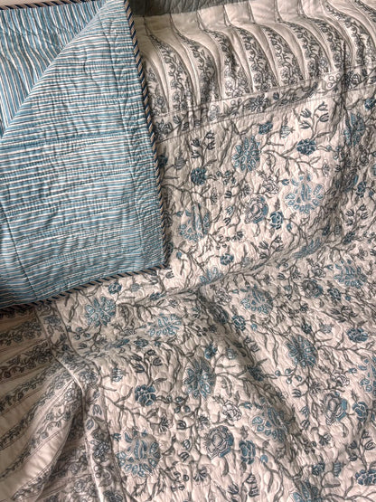 Blue Floral Jaal Handblock Printed Reversible Quilted Cotton Bedcover Set-106x108