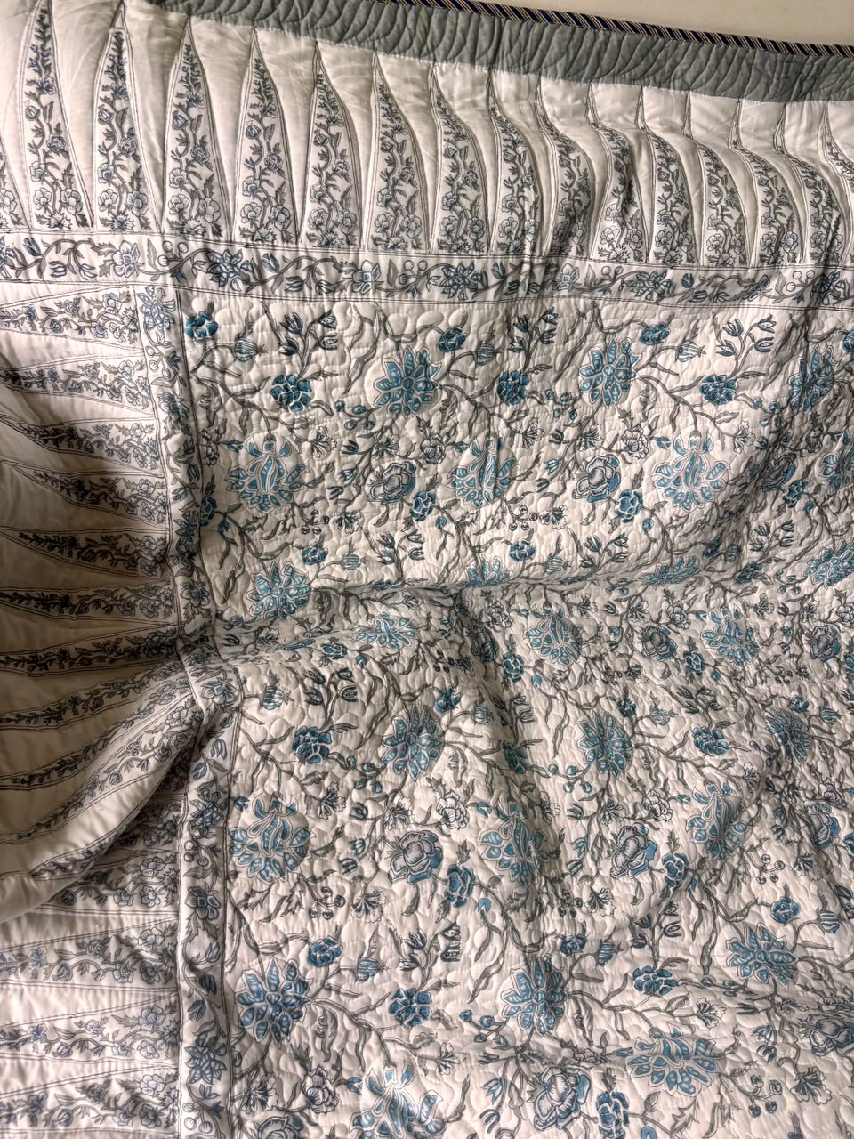 Blue Floral Jaal Handblock Printed Reversible Quilted Cotton Bedcover Set-106x108