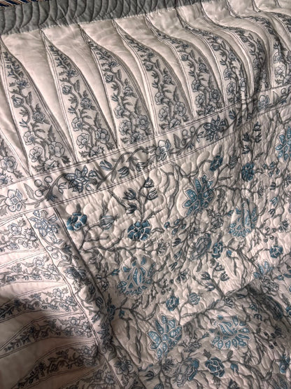Blue Floral Jaal Handblock Printed Reversible Quilted Cotton Bedcover Set-106x108