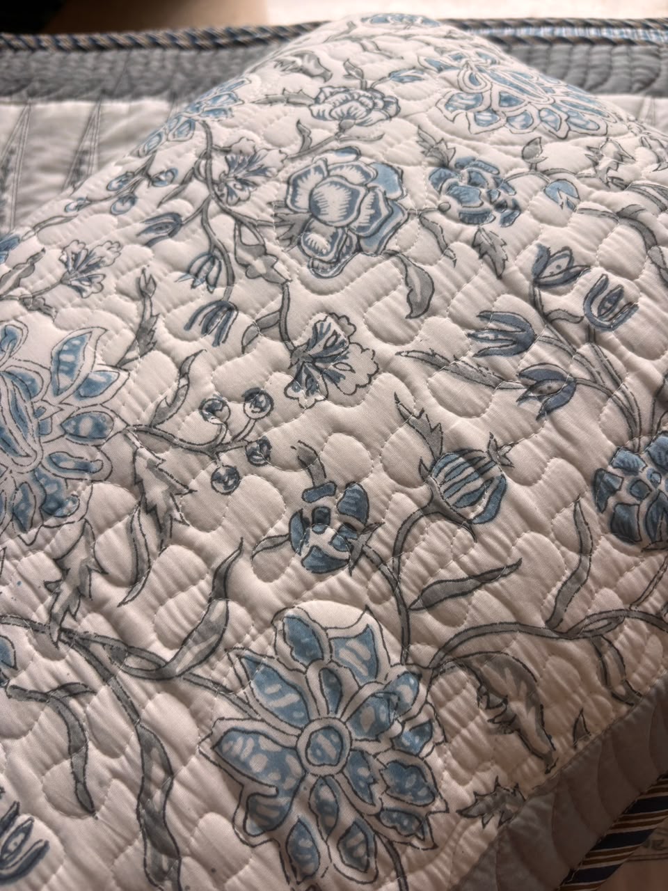 Blue Floral Jaal Handblock Printed Reversible Quilted Cotton Bedcover Set-106x108