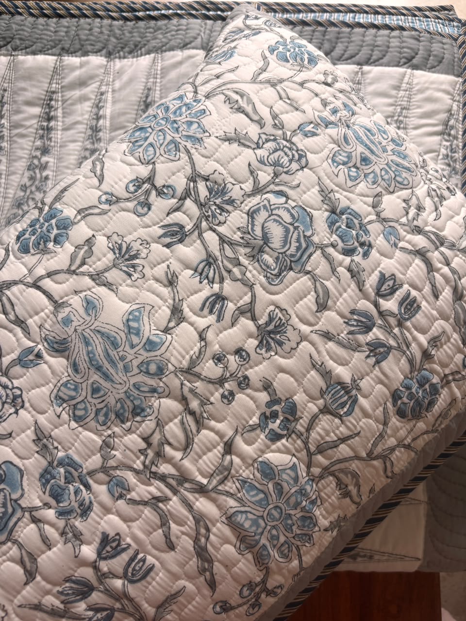 Blue Floral Jaal Handblock Printed Reversible Quilted Cotton Bedcover Set-106x108