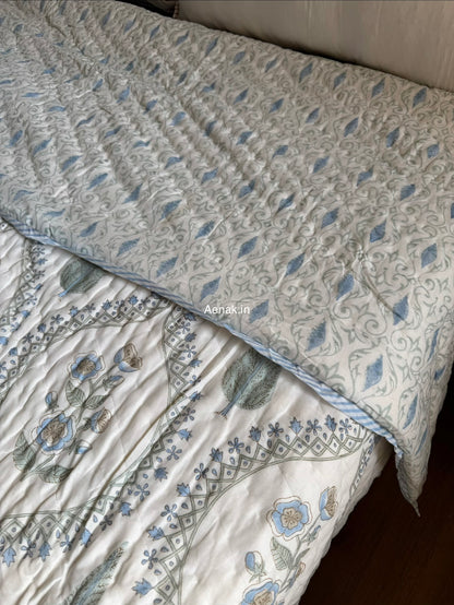 Blue Periwinkle Jaal Handblock Reversible Mulmul Cotton Quilt