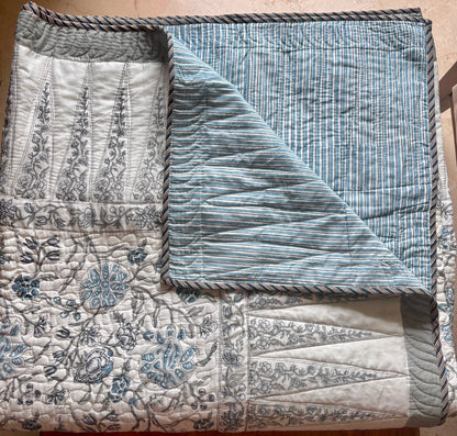 Blue Floral Jaal Handblock Printed Reversible Quilted Cotton Bedcover Set-106x108