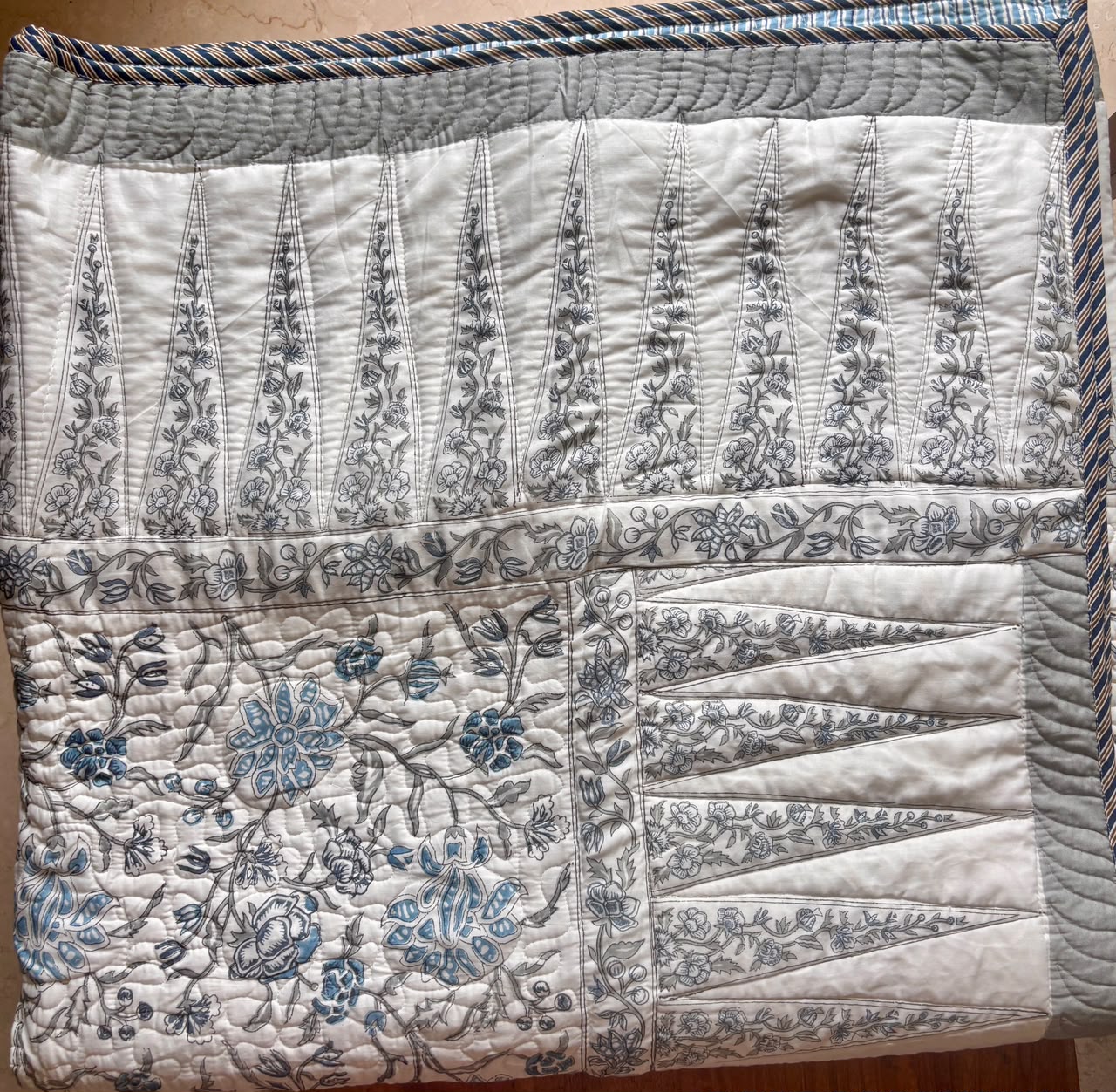 Blue Floral Jaal Handblock Printed Reversible Quilted Cotton Bedcover Set-106x108