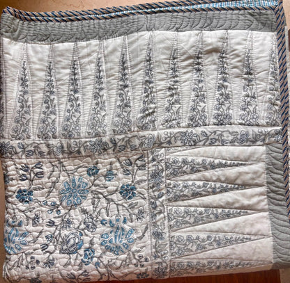 Blue Floral Jaal Handblock Printed Reversible Quilted Cotton Bedcover Set-106x108