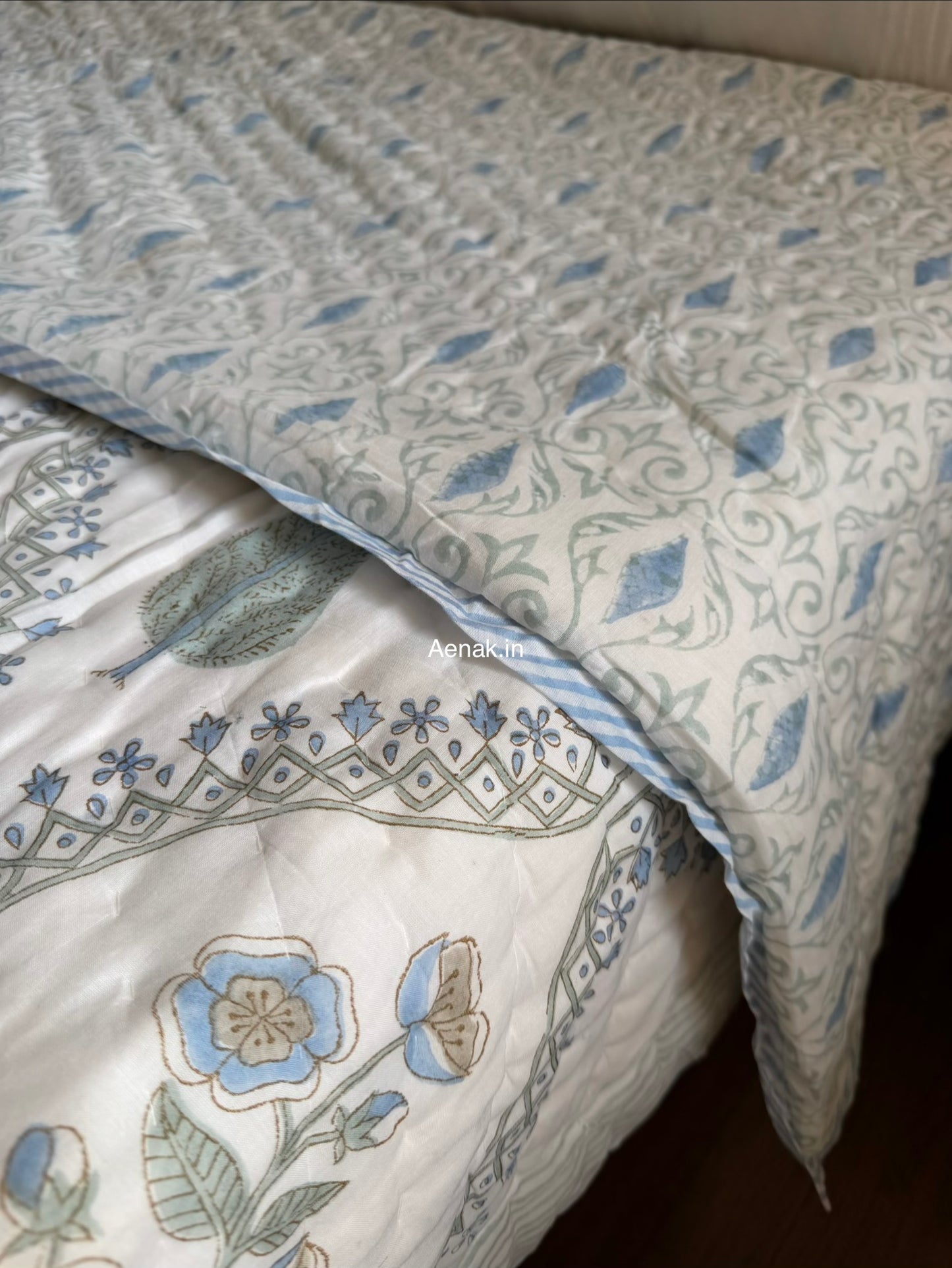 Blue Periwinkle Jaal Handblock Reversible Mulmul Cotton Quilt