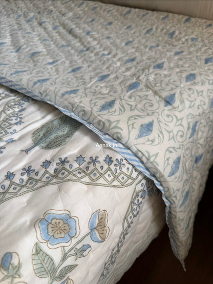 Blue Periwinkle Jaal Handblock Reversible Mulmul Cotton Quilt