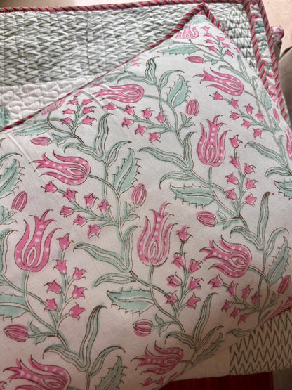 Madhumati Handblock Printed Reversible Quilted Cotton Bedcover Set-106x108