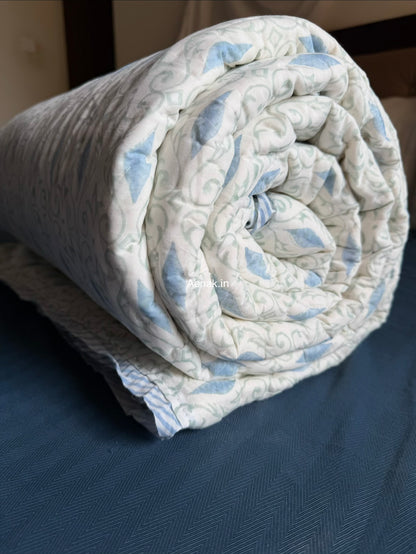 Blue Periwinkle Jaal Handblock Reversible Mulmul Cotton Quilt