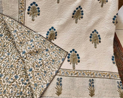 Blue Phool Guldasta Handblock Printed Reversible Quilted Bedcover -105 x108