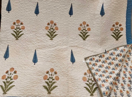 Yellow Marigold Blue Cypress Handblock Printed Reversible Quilted Bedcover -105 x108