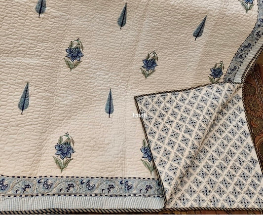 Blue Cypress Boota Handblock Printed Reversible Quilted Bedcover -105 x108