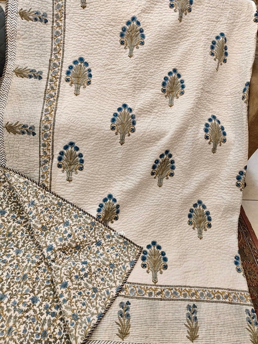 Blue Phool Guldasta Handblock Printed Reversible Quilted Bedcover -105 x108