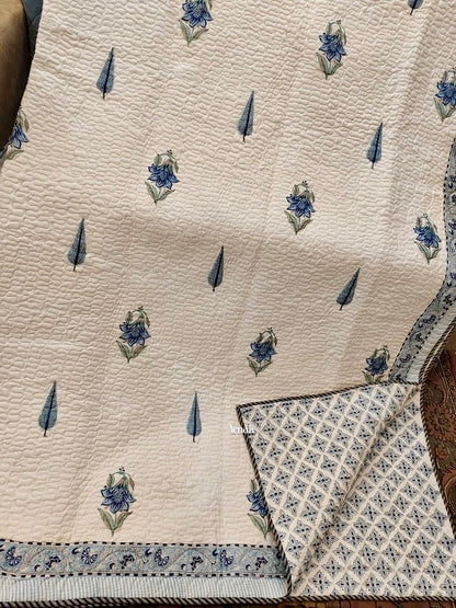 Blue Cypress Boota Handblock Printed Reversible Quilted Bedcover -105 x108