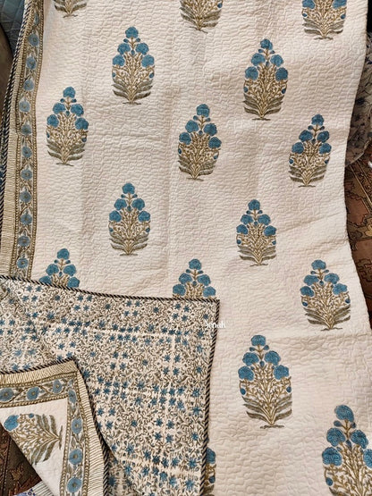 Blue Phool Boota Handblock Printed Reversible Quilted Bedcover -105 x108