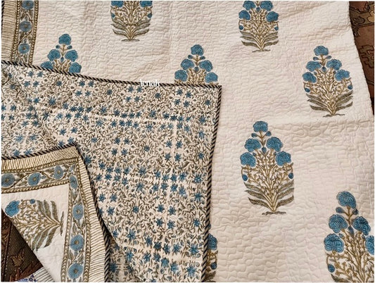 Blue Phool Boota Handblock Printed Reversible Quilted Bedcover -105 x108