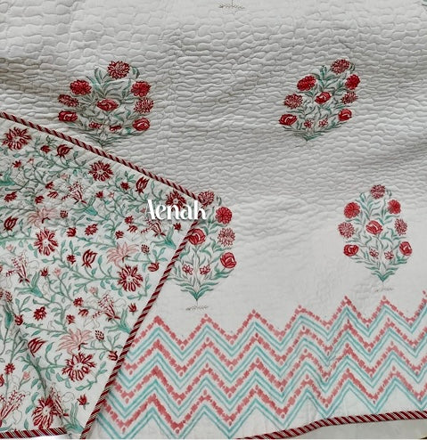 Red Phool Guldasta Handblock Printed Reversible Quilted Bedcover -105 x108