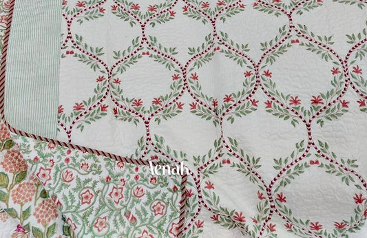 Red Jaal Handblock Printed Reversible Quilted Bedcover -105 x108