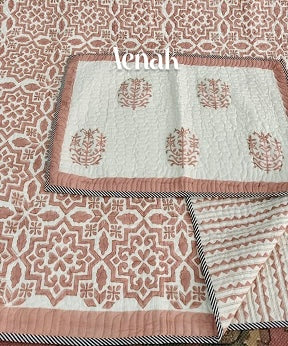 Peachish Brown Jaal Handblock Printed Reversible Quilted Bedcover -105 x108