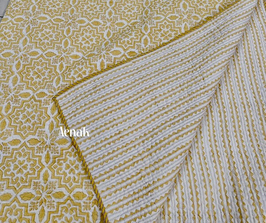 Yellow Jaal Handblock Printed Reversible Quilted Bedcover -105 x108