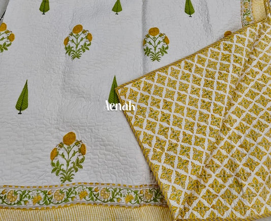 Yellow Marigold Handblock Printed Reversible Quilted Bedcover -105 x108