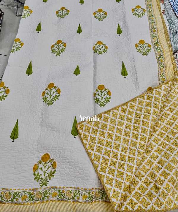 Yellow Marigold Handblock Printed Reversible Quilted Bedcover -105 x108