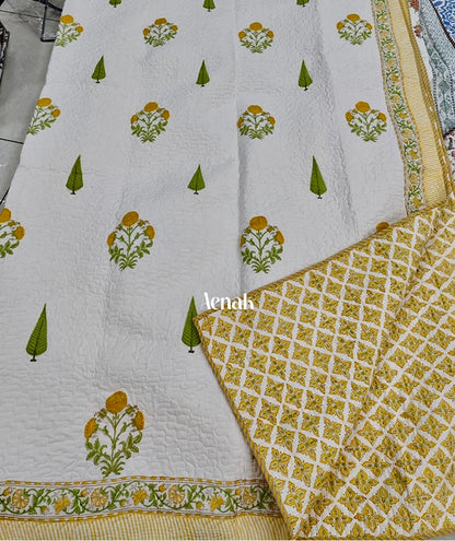 Yellow Marigold Handblock Printed Reversible Quilted Bedcover -105 x108