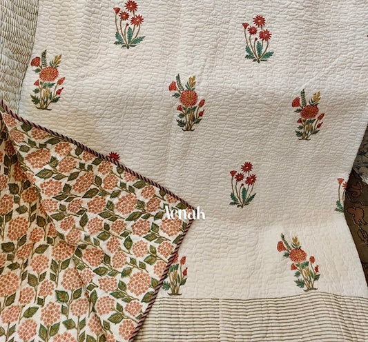 Orange Marigold Handblock Printed Reversible Quilted Bedcover -105 x108