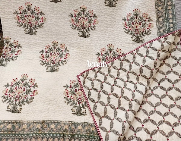 Big Floral Boota Handblock Printed Reversible Quilted Bedcover -105 x108