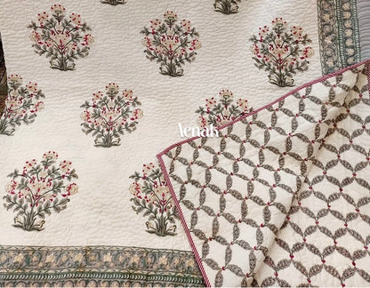 Big Floral Boota Handblock Printed Reversible Quilted Bedcover -105 x108