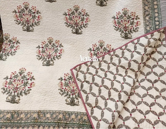 Big Floral Boota Handblock Printed Reversible Quilted Bedcover -105 x108