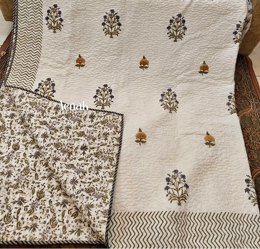 Yellow & Blue Floral Handblock Printed Reversible Quilted Bedcover -105 x108