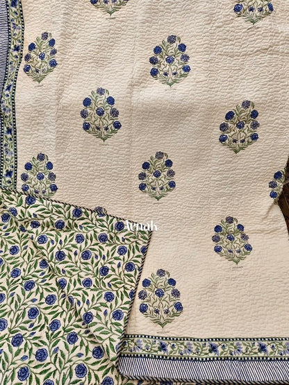 Blue Floral Garden Handblock Printed Reversible Quilted Bedcover -105 x108