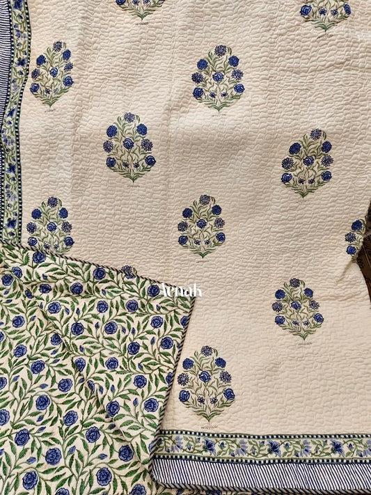 Blue Floral Garden Handblock Printed Reversible Quilted Bedcover -105 x108