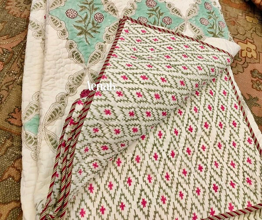 Green Diamond Handblock Printed Reversible Quilted Bedcover -105 x108